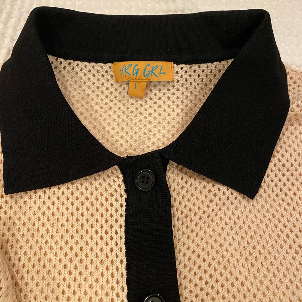 VRG GRL Perforated Knit Cardigan in Light Tan & Black Size L